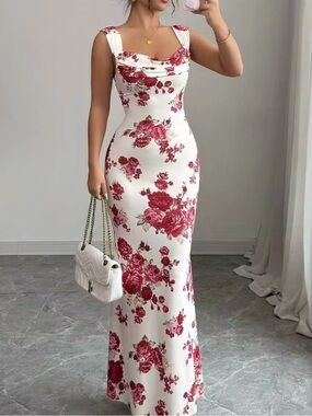 Draped Neck Rose print maxi dress